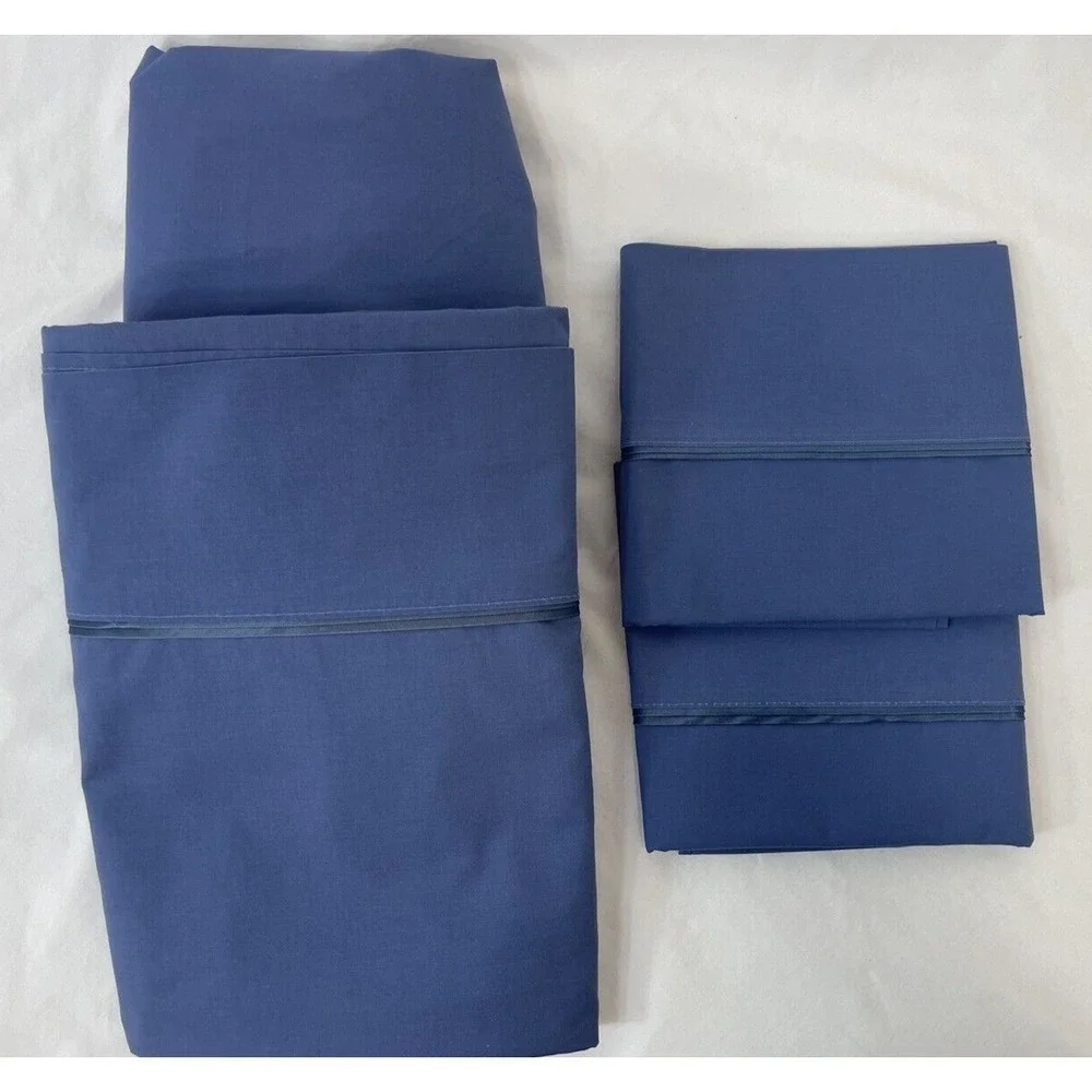 Vintage Solid Blue Twin Sheet‎ Set Satin Trim Fitted, Flat, 2 Pillowcases